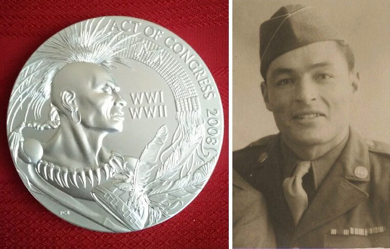 A silver Congressional Medal, and photograph of Alex Oakes in his army uniform.