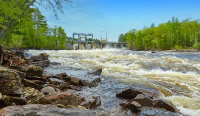 A view across the river of the south branch dam at OPG's Calabogie Generating Station.