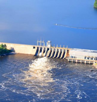 An aerial view of Caribou Falls hydroelectric station.