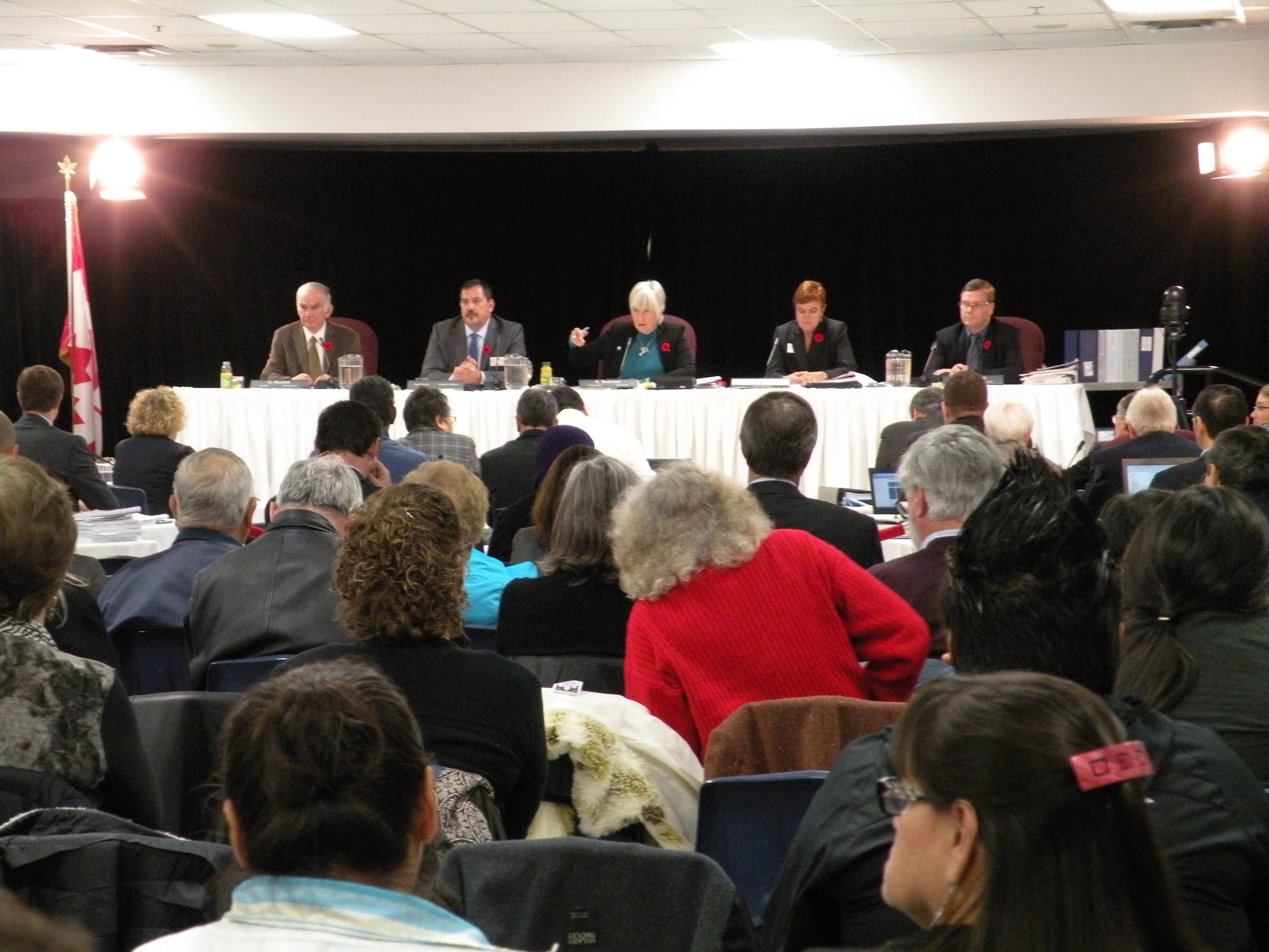 A panel answers questions at a public hearing for OPG's Deep Geologic Repository project.