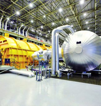 The pristine turbine hall at Darlington Nuclear Generating Station.