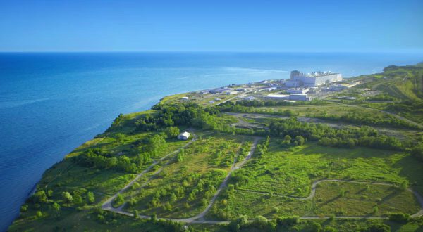 An aerial view of Darlington Nuclear Generating Station from afar.