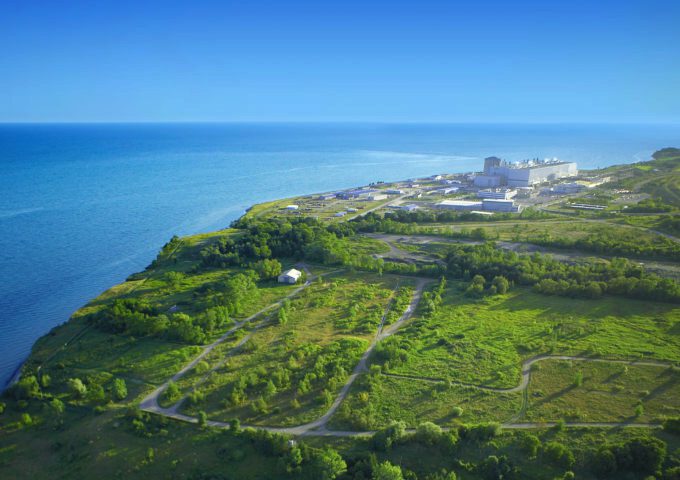 An aerial view of Darlington Nuclear Generating Station from afar.