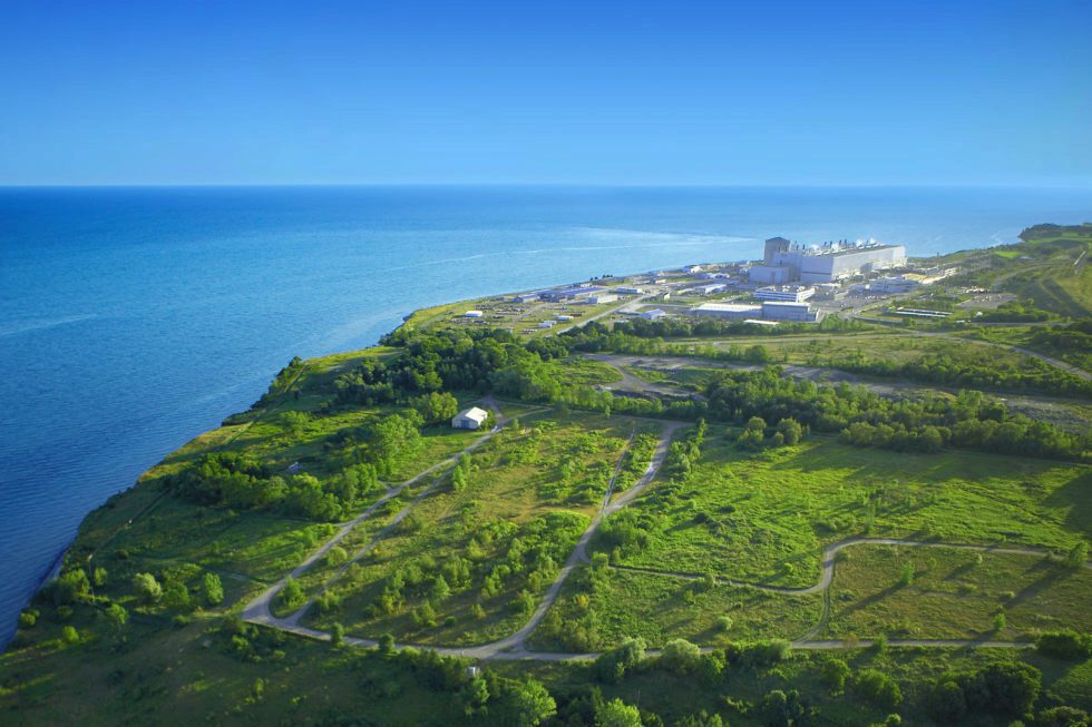 An aerial view of Darlington Nuclear Generating Station from afar.