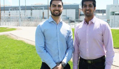Engineering interns Fernando Salinas Medina, left, and Adnan Lokhandwala at the Pickering Nuclear Generating Station