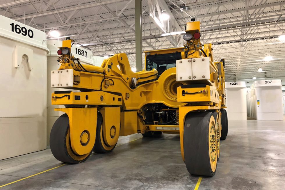 A transport vehicle for nuclear waste dry storage containers.