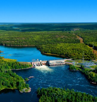 An aerial view of Whitedog Falls hydroelectric station.