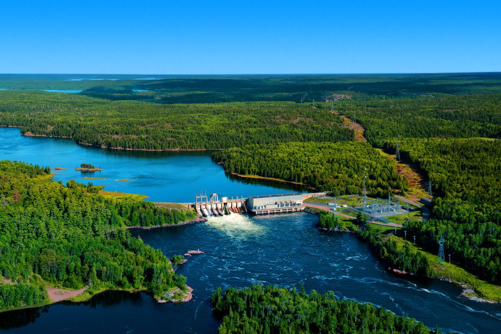 An aerial view of Whitedog Falls hydroelectric station.