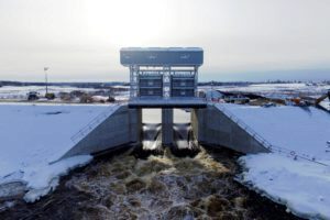 The tailrace at Peter Sutherland Sr. Generating Station in winter.