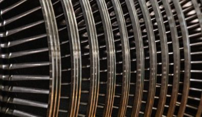 A close-up of the high pressure turbine blade rows, through which steam flows to rotate the turbine.
