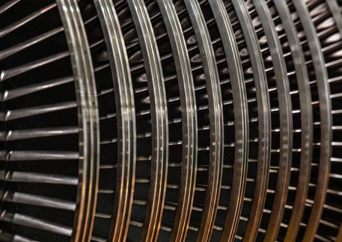 A close-up of the high pressure turbine blade rows, through which steam flows to rotate the turbine.