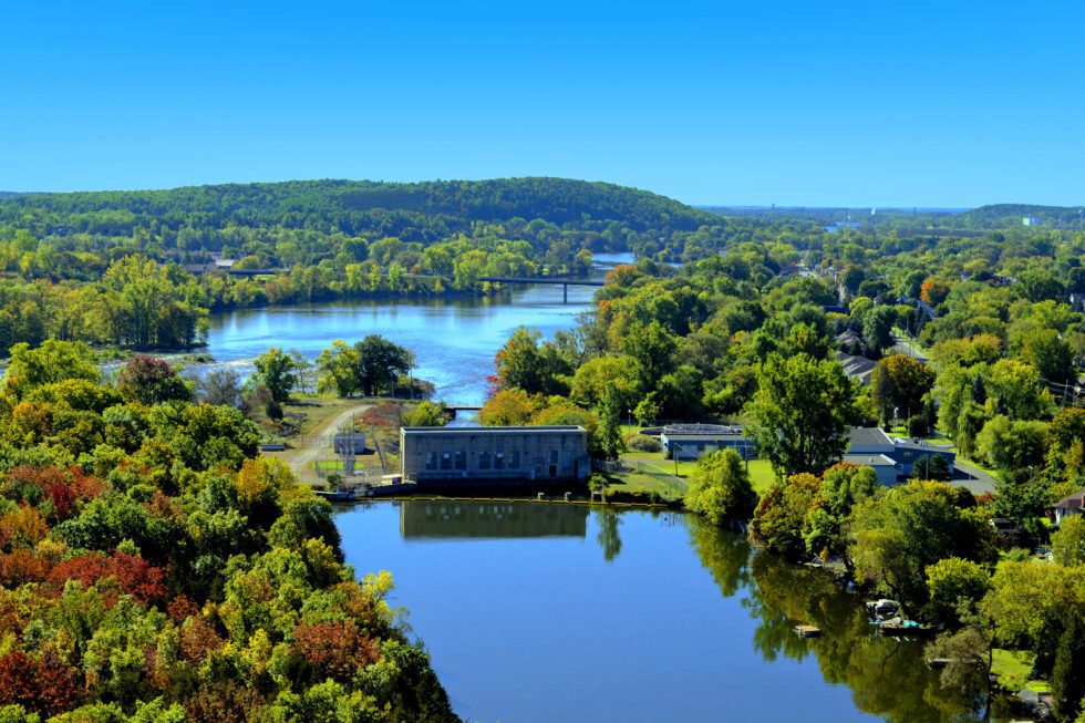 An aerial view of Sills Island hydroelectric station.