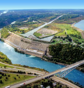 An aerial view of the Sir Adam Beck I and II hydroelectric generating stations.