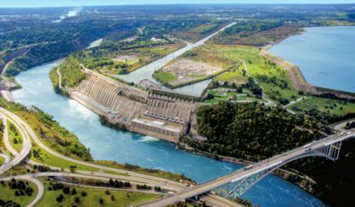 An aerial view of the Sir Adam Beck I and II hydroelectric generating stations.