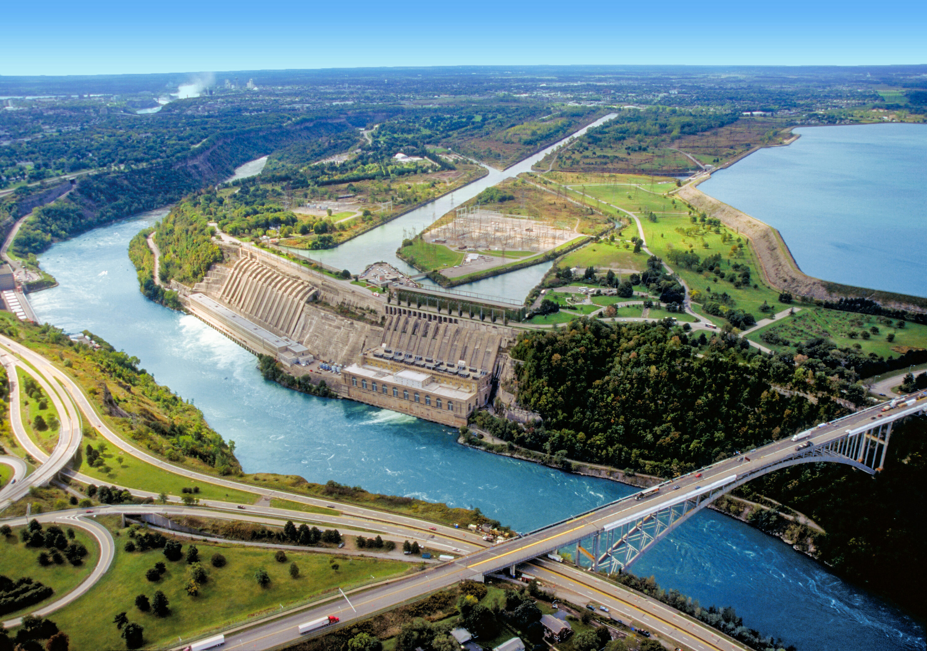 An aerial view of the Sir Adam Beck I and II hydroelectric generating stations.