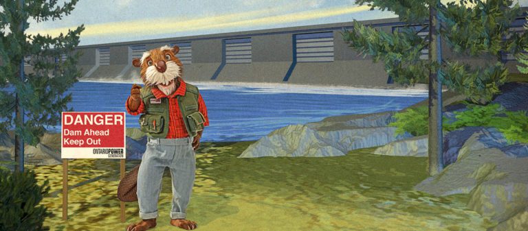 Dammy the beaver stands near a water safety sign that says danger, dam ahead, keep out.
