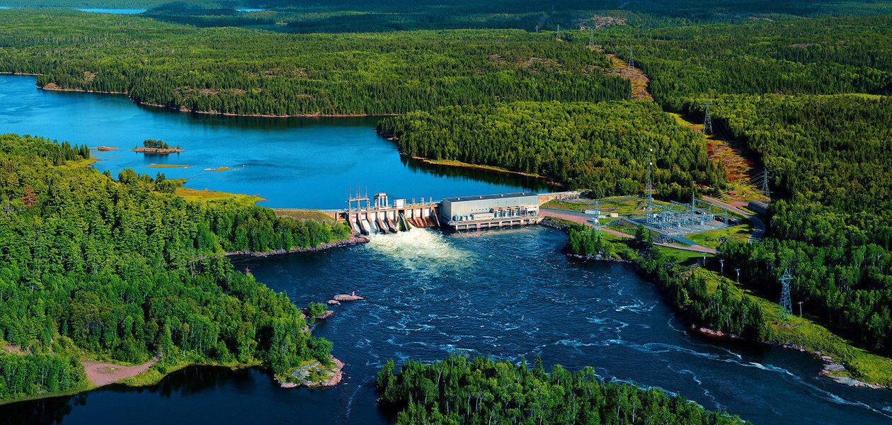 An aerial view of Whitedog Falls hydroelectric station.