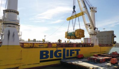 The 350-tonne stator is loaded onto a barge as it completes its cross-Atlantic voyage to Darlington.