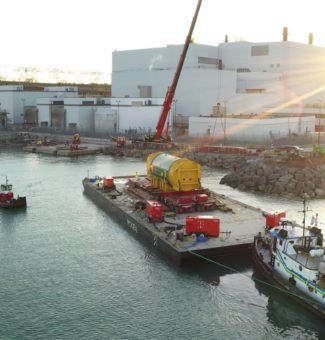 The massive 350-tonne stator arrives at Darlington Nuclear Generating Station.