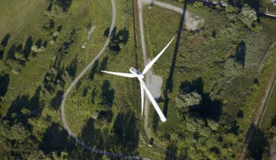 An overhead view of the Pickering wind turbine