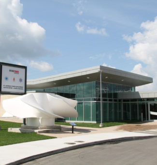 A view of the Saunders Hydro Dam Visitor Centre from the front.