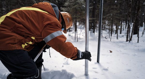 An employee performing a snow survey.