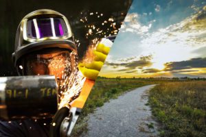 A banner combining an image of a welder with an image of a country road leading into the sunset.