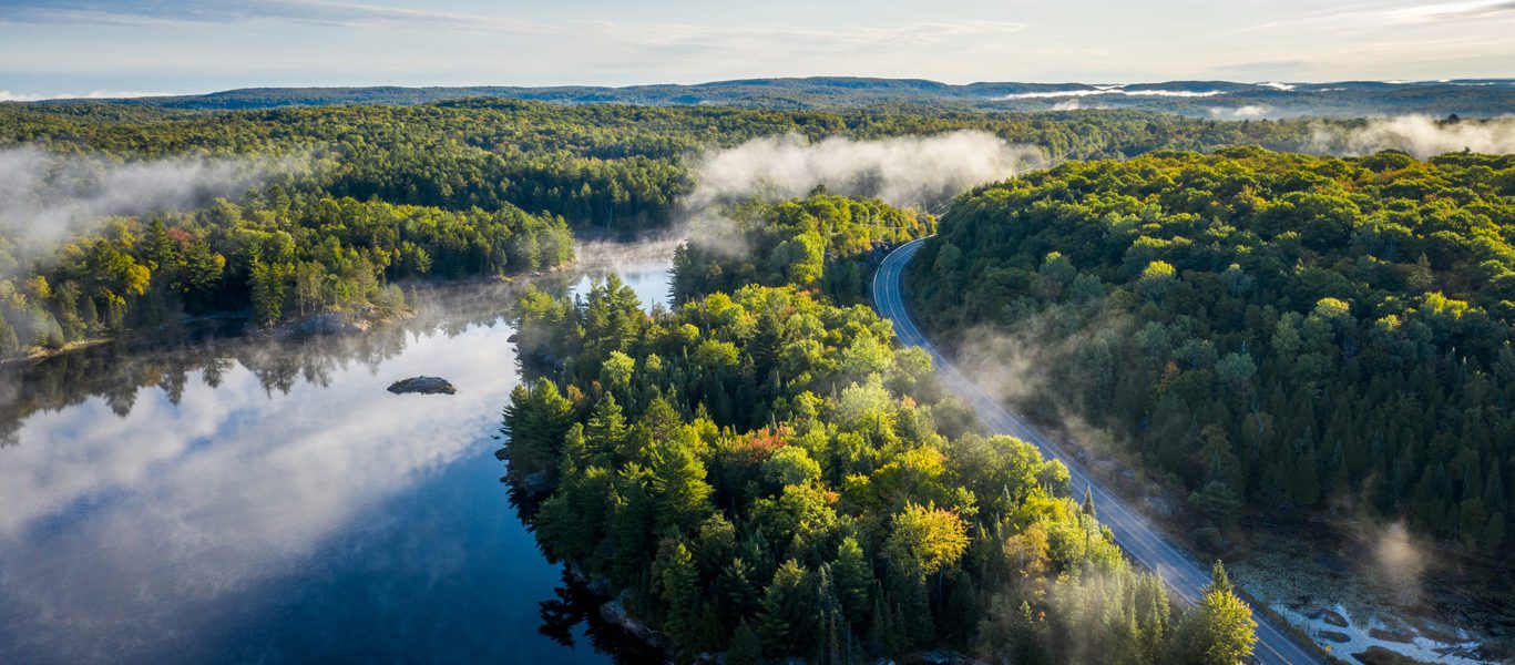 Aerial view of a country highway by a lake and through a forest on a misty morning