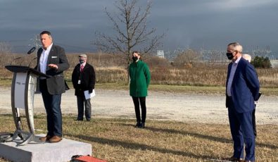 Provincial government and local municipal and business leaders gather for an announcement near Darlington Nuclear Generating Station