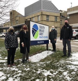 Janice Swanton, Brittany Hawkins, Lynda Cain and Don Leslie in front of the South Bruce Grey Health Centre in Walkerton