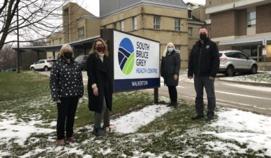 Janice Swanton, Brittany Hawkins, Lynda Cain and Don Leslie in front of the South Bruce Grey Health Centre in Walkerton