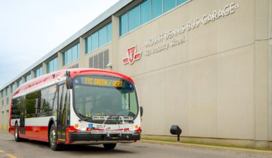 An electric bus outside the TTC's Mt. Dennis bus garage.