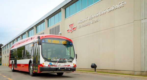 An electric bus outside the TTC's Mt. Dennis station.