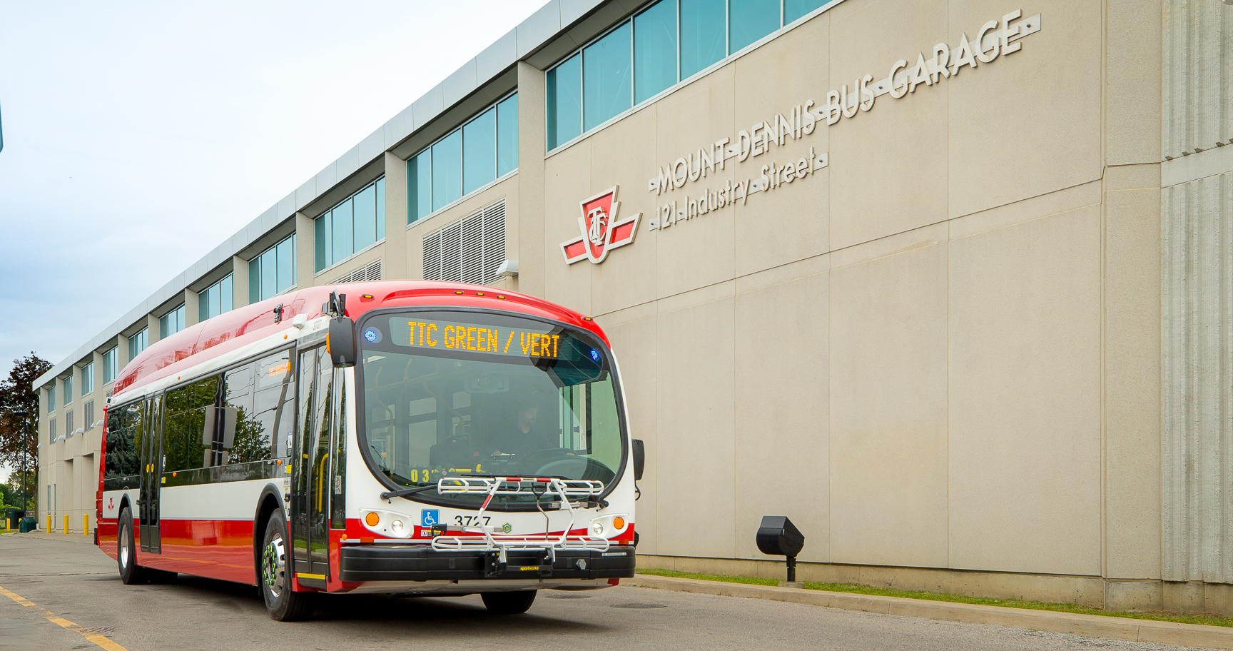 An electric bus outside the TTC's Mt. Dennis station.