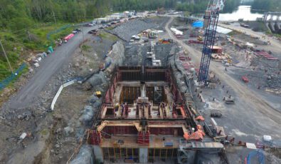 An aerial view of the new Calabogie Generating Station powerhouse under construction, and future home to two horizontal Kaplan turbines that will produce approximately 11 megawatts of clean, renewable power for Ontario.