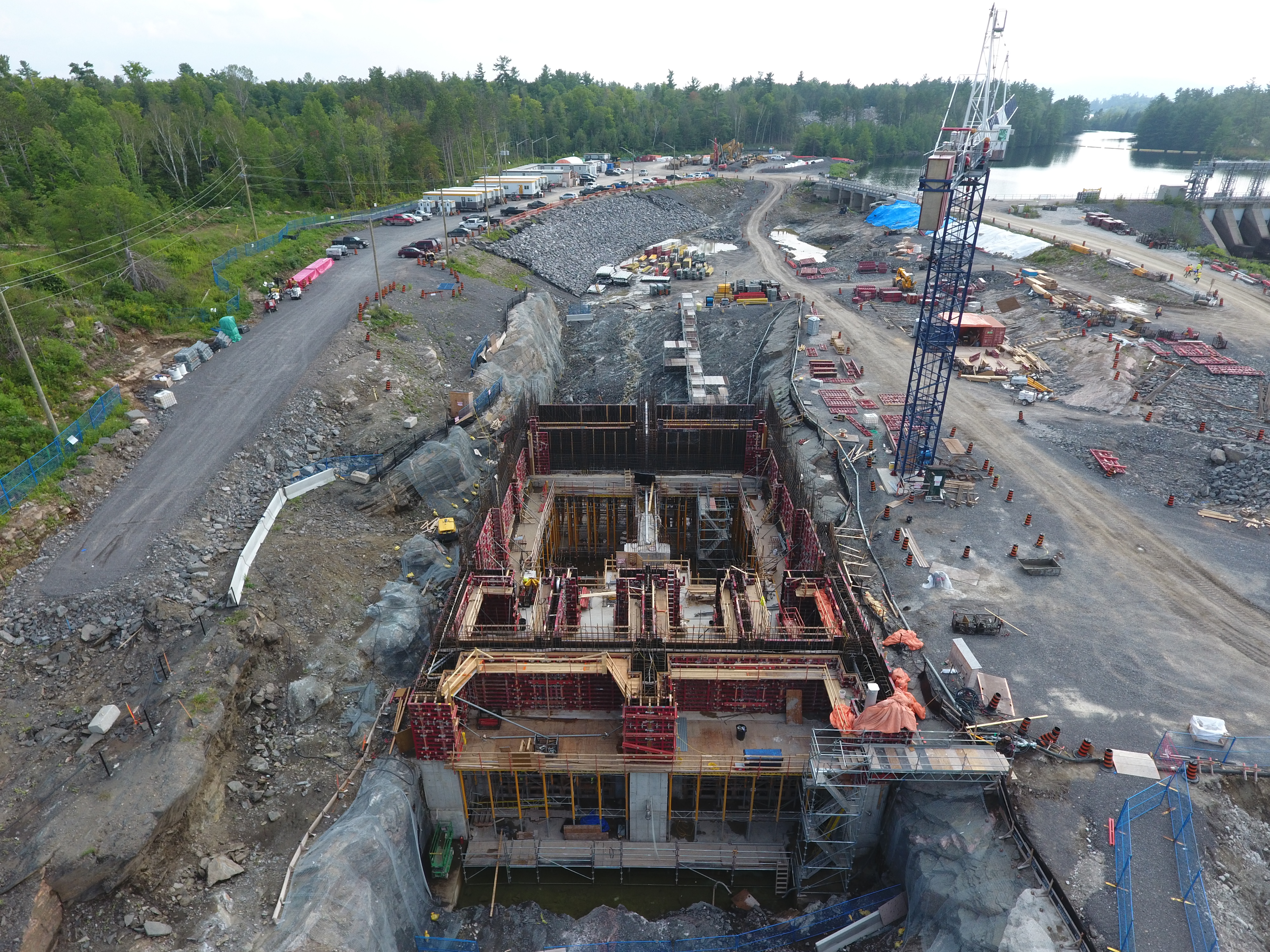 An aerial view of the new Calabogie Generating Station powerhouse under construction, and future home to two horizontal Kaplan turbines that will produce approximately 11 megawatts of clean, renewable power for Ontario.