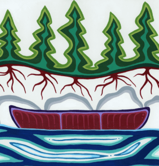 “Ode to the Canoe” by Patrick Hunter, a two-spirit Ojibwe painter, graphic designer and entrepreneur from Red Lake, ON.