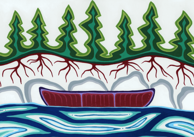 “Ode to the Canoe” by Patrick Hunter, a two-spirit Ojibwe painter, graphic designer and entrepreneur from Red Lake, ON.