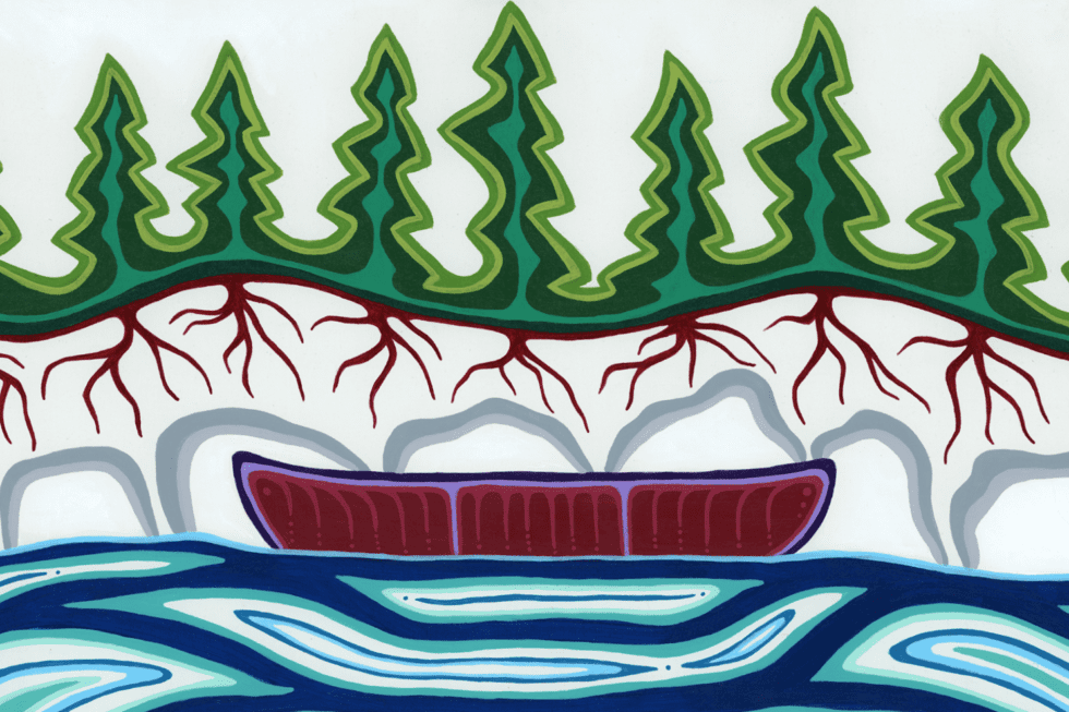 “Ode to the Canoe” by Patrick Hunter, a two-spirit Ojibwe painter, graphic designer and entrepreneur from Red Lake, ON.