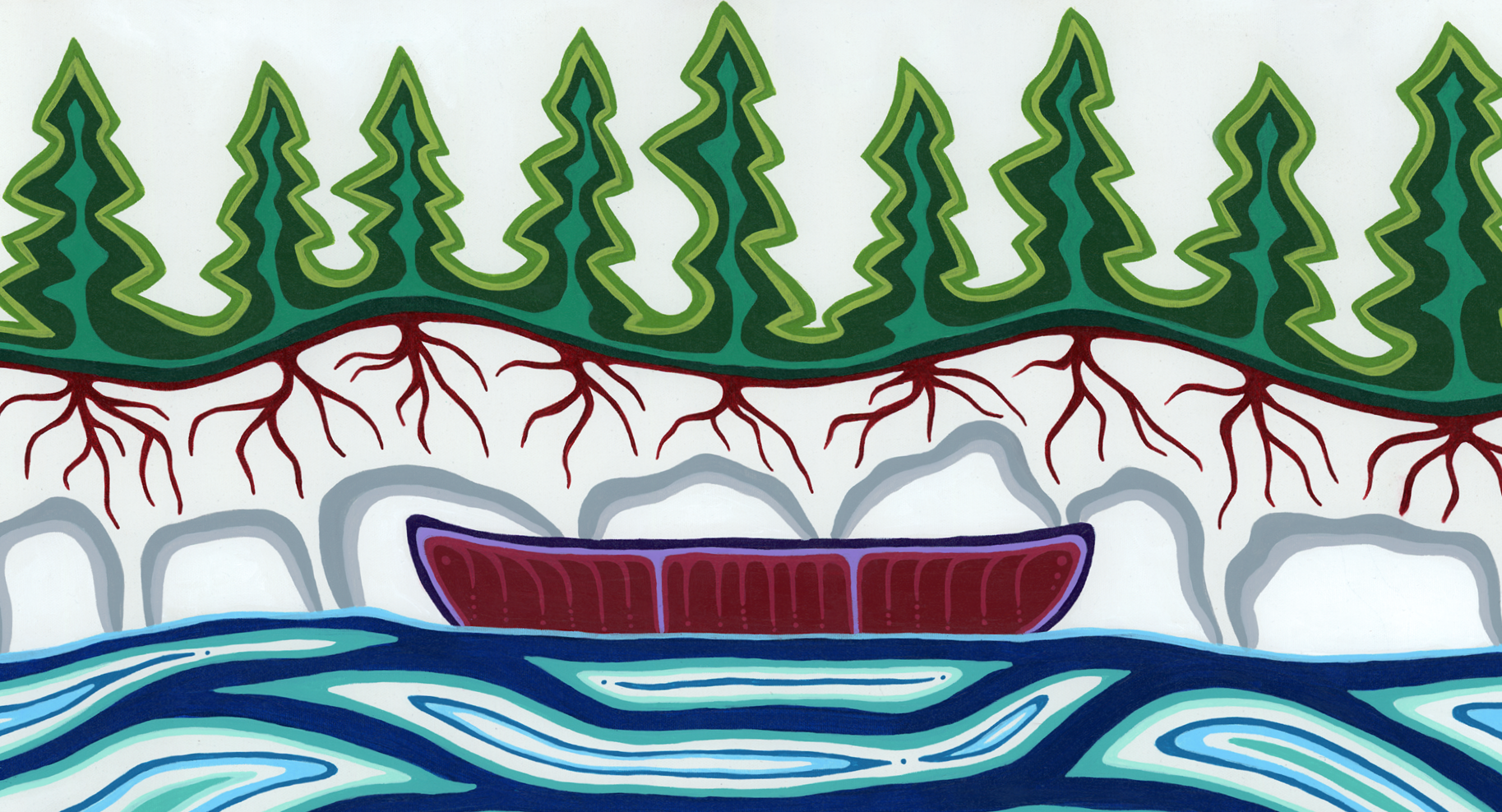 “Ode to the Canoe” by Patrick Hunter, a two-spirit Ojibwe painter, graphic designer and entrepreneur from Red Lake, ON.