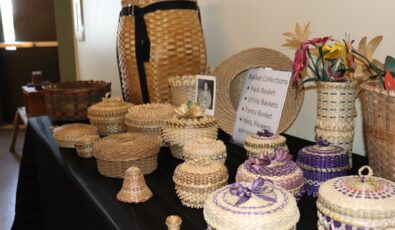 Some of the baskets handcrafted by Mohawk Made on display at the Saunders visitor centre.