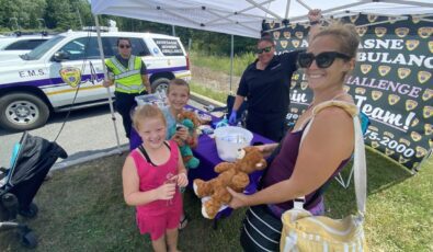 Families enjoy a teddy bear picnic at the Saunders visitor centre with the help of Akwesasne Mohawk Ambulance.