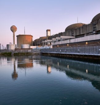 A view of Pickering Nuclear Generating Station from Lake Ontario at sunrise