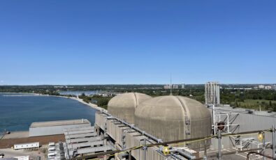 A view of OPG's Pickering Nuclear station from atop its vacuum building.