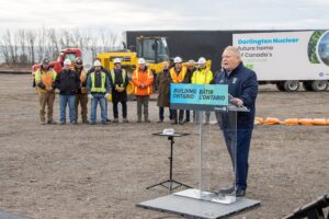 Ontario Premier Doug Ford speaks at the site of OPG's future small modular reactor at Darlington Nuclear on Dec. 2, 2022.