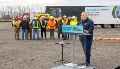 Ontario Premier Doug Ford speaks at the site of OPG's future small modular reactor at Darlington Nuclear on Dec. 2, 2022.