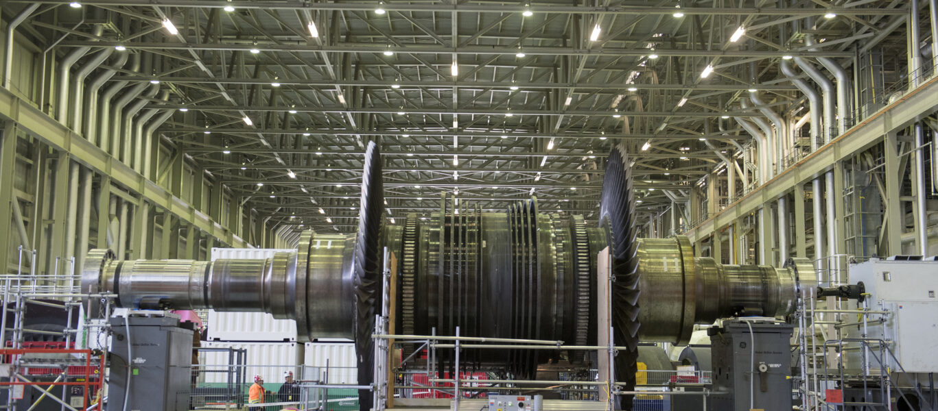 DNGS Low Pressure Turbine spindle removed and placed on a stand
