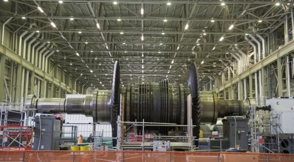 DNGS Low Pressure Turbine spindle removed and placed on a stand