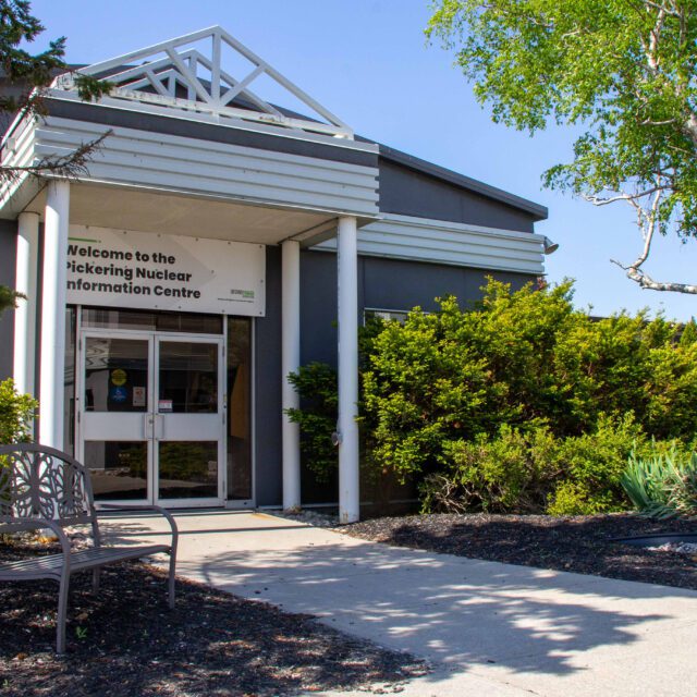 An exterior shot of the Pickering Nuclear Information Centre.