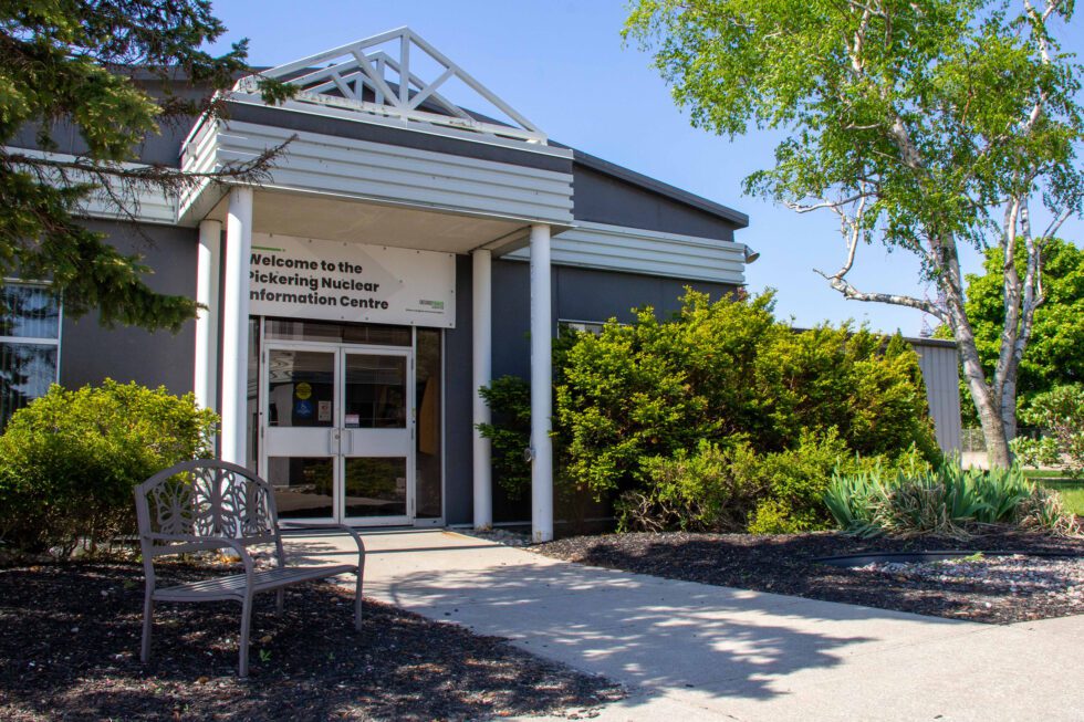 An exterior shot of the Pickering Nuclear Information Centre.